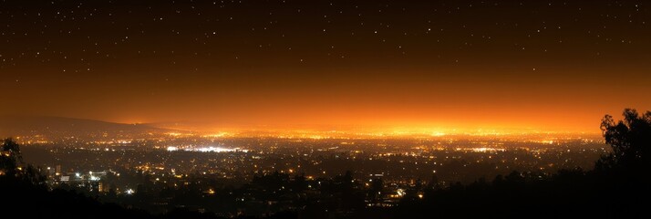 Fototapete - City skyline illuminated at night with twinkling stars and vibrant artificial lights from distant buildings. Generative AI