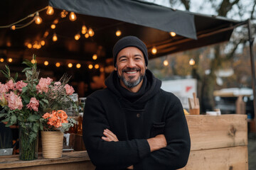 Wall Mural - A man with a black hoodie and a black hat stands in front of a flower stand