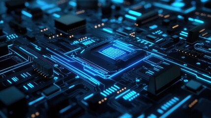Fototapete - Abstract Close-up of a Circuit Board with Glowing Blue Microchip