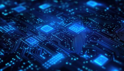 Fototapete - Abstract Close-up of a Glowing Blue Circuit Board Representing High-Tech Innovation and Technological Advancement