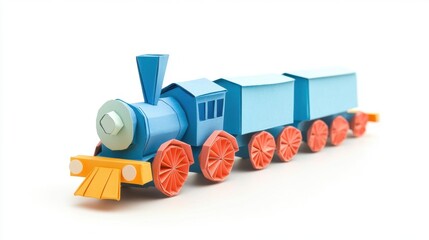 Canvas Print - Blue Paper Train Toy Sitting on a White Surface