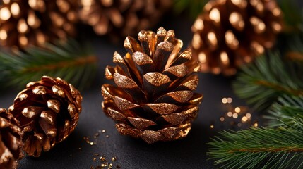 Canvas Print - Sparkling copper pinecones and pine branches on a dark background.