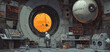 © scaliger - Futuristic space laboratory with scientist observing orange planet outside circular window surrounded by complex technical equipment