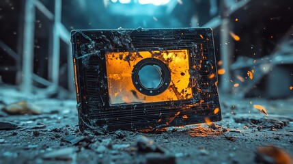 Dirty Frame with Hole Lying on Debris Ground Abstract Art