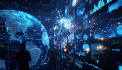 A digital collage of business people and a global map, with glowing blue lights on various screens displaying graphs or data visualizations Generative AI