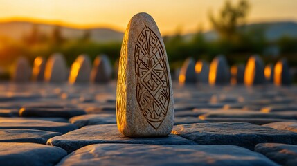 Canvas Print - Sunset over carved stone, park pathway, meditation