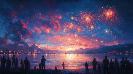 Fireworks Celebration on the Beach with Friends and Family at Night