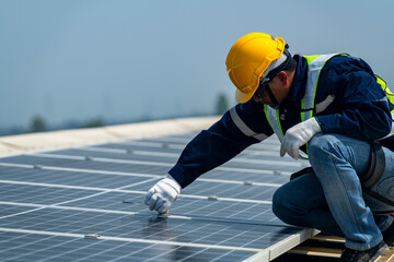 Two engineers install solar panels on a rooftop, wearing safety gear and helmets. The scene showcases renewable energy, green technology, and sustainable solutions under a clear blue sky.