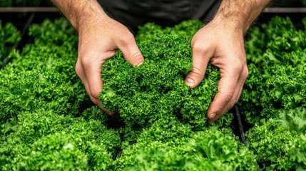 Wall Mural - Freshly Harvested Green Lettuce in Hands at a Farm Market