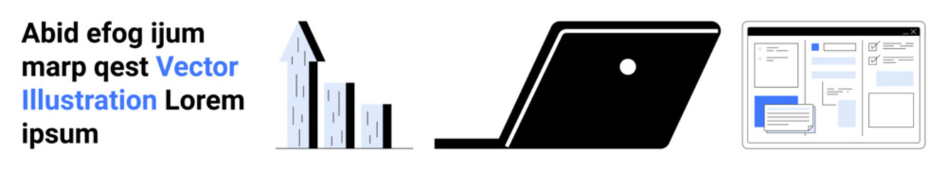 Bar chart indicating growth, sleek laptop design, and software interface wireframe. Ideal for growth, technology, productivity, business, analytics software development design. Abstract line flat
