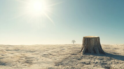 Poster - Lone tree stump surrounded by cracked earth under bright sunlight in a vast desert landscape. Generative AI