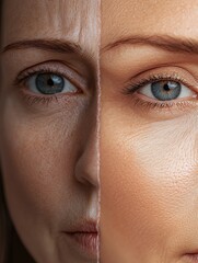Aufkleber - Close up view of a womans face highlighting contrast between aged skin and youthful appearance. Generative AI