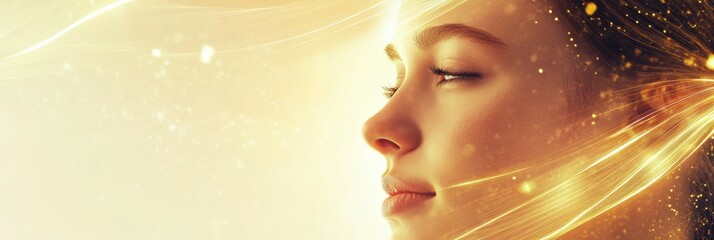 Wall Mural - Golden lines flow around a young womans face highlighting a unique Botox lifting effect in a serene setting. Generative AI