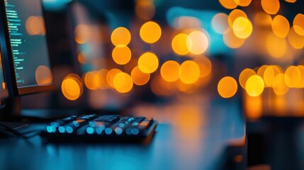 Wall Mural - Night coder's desk, city bokeh