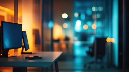Wall Mural - Night office desk, computer work, city view