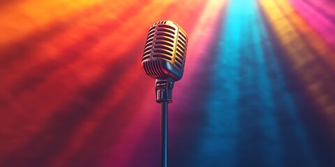 Wall Mural - Vintage Microphone on Stage with Colorful Lights for Performance