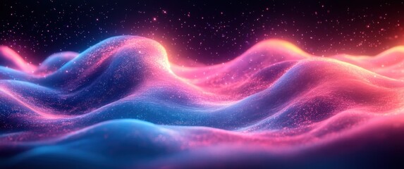 Aufkleber - Futuristic Digital Wave Pattern with Neon Lights Gradient in Blue and Pink over Dark Background