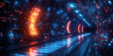 Poster - Futuristic Digital Abstract Art with Glowing Lines and Geometric Shapes in Neon Blue and Black Abstract Cyber Technology Illustration