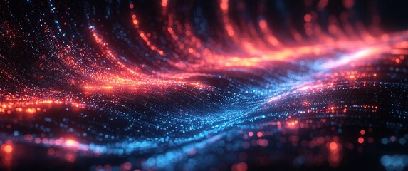 Poster - Futuristic Digital Network Abstract with Geometric Shapes and Neon Lights in Cyberpunk Landscape Illustration