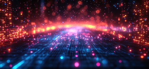 Aufkleber - Futuristic Digital Landscape with Abstract Geometric Shapes and Neon Blue Lighting in Cyberpunk Style