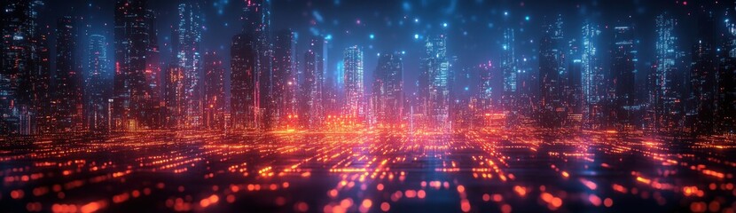 Aufkleber - Futuristic Digital Landscape Illustration Cyberpunk Aesthetic Neon Blue Light Geometric Patterns Technology Network