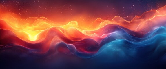 Poster - Futuristic Abstract Digital Wave Pattern and Light Illumination in Deep Blue and Warm Orange Colors