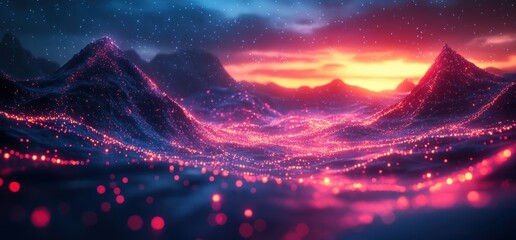 Poster - Futuristic Abstract Digital Landscape Geometric Shapes and Glowing Lines in Cyberpunk Style with Neon Blue Lighting