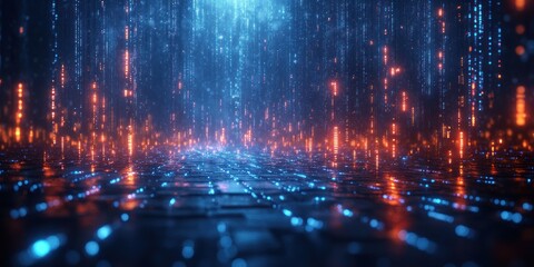 Fototapete - Futuristic Cyberpunk Digital Background with Blue Squares Luminous Design Data System Innovation Technology