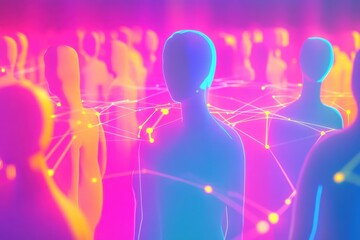 Wall Mural - Colorful 3D avatars connected by vibrant glowing networks illustrate digital social interaction and connectivity. Generative AI