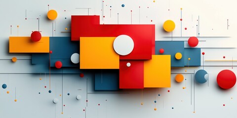 Aufkleber - Abstract Geometric Technology Design with Red Yellow Blue Shapes Soft Shadows and White Background