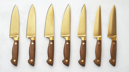 Kitchen knives, chef cutlery for cooking, cutting and carving food. Vector realistic set of 3d knives different types with golden sharp blades and wooden handles isolated on background