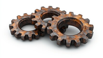 Canvas Print - Three rusty gears stacked on a white background, symbolizing industrial machinery and mechanics