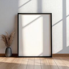 Fototapete - Minimalist Interior Scene with Black Square Frame on Light Wooden Floor and Natural Sunlight