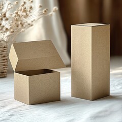 Aufkleber - Minimalist Still Life of Open and Closed Kraft Paper Boxes in Natural Light