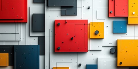 Fototapete - Abstract Geometric Technology Design with Red Yellow and Blue Shapes and Soft Shadows on White Background