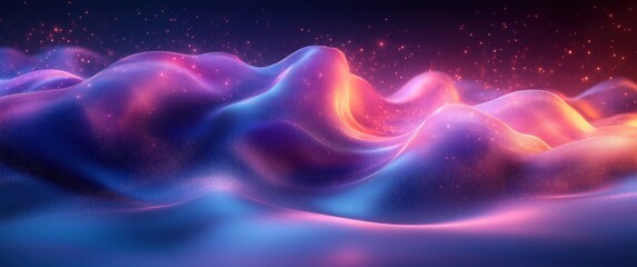 Fototapete - Abstract Digital Waves Motion Pattern with Glowing Light and Particle Dots on Dark Blue Background