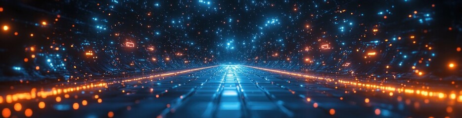 Aufkleber - Futuristic Digital Landscape with Blue Lines and Geometric Patterns in Cyber Space