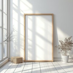 Poster - Minimalist Wooden Frame Mockup on White Floor with Soft Natural Light in Scandinavian Style