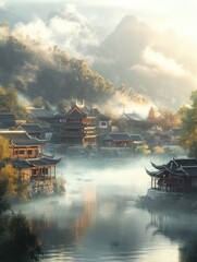 Aufkleber - Serene waters reflect ancient architecture in a misty morning landscape with boat houses along a tranquil river. Generative AI