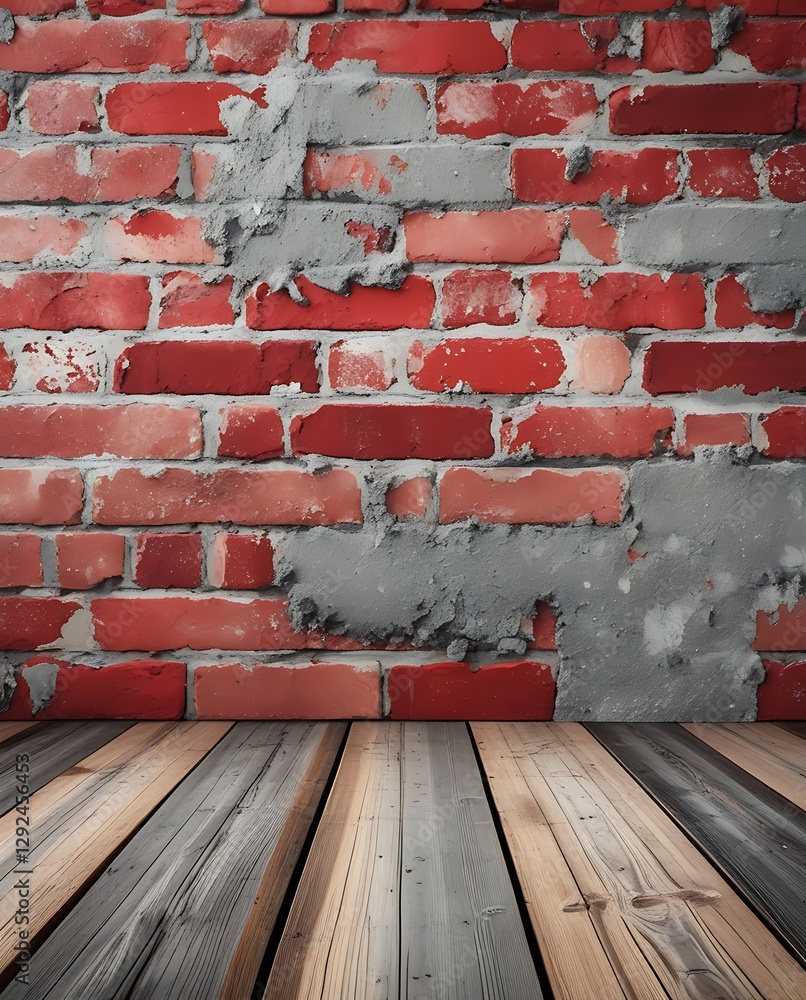 Rustic red brick wall with aged texture and weathered wooden floor ...