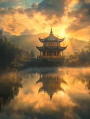 Poster - Stunning sunrise over traditional pagoda by calm lake with reflections and colorful clouds in the sky. Generative AI