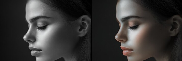 Poster - Mood transformation showing a grayscale sad expression and a vibrant, colorful smile side by side. Generative AI