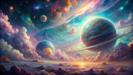 Wall Mural - a breathtaking panorama of a celestial landscape featuring vibrant nebulae, a ringed planet, and oth