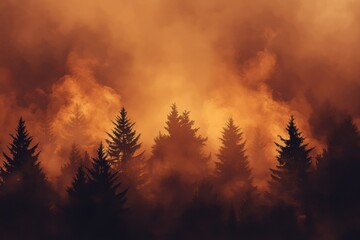 Poster - Flames consume the forest, engulfing trees in smoke and fire, creating a stark landscape at twilight. Generative AI