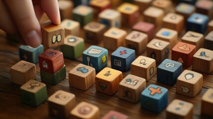 Hand selecting app icon block on wooden table, app choices background, software selection