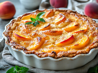 Delicious peach pie with golden crust and fresh peach slices, perfect for dessert lovers and summer gatherings.