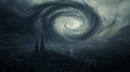 Dark pathogen cloud over medieval city, symbolizing historical disease research and its impact.