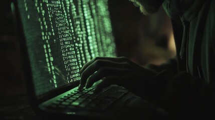 Hacker coding late night, screen glowing, dark room, cybersecurity