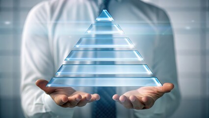 Wall Mural - business success mindset concept A businessman holds a transparent pyramid symbolizing growth and success in a digital environment.