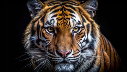 Wall Mural - close up portrait of a fierce tiger with intense eyes on a dark background , tiger, close up, face, 